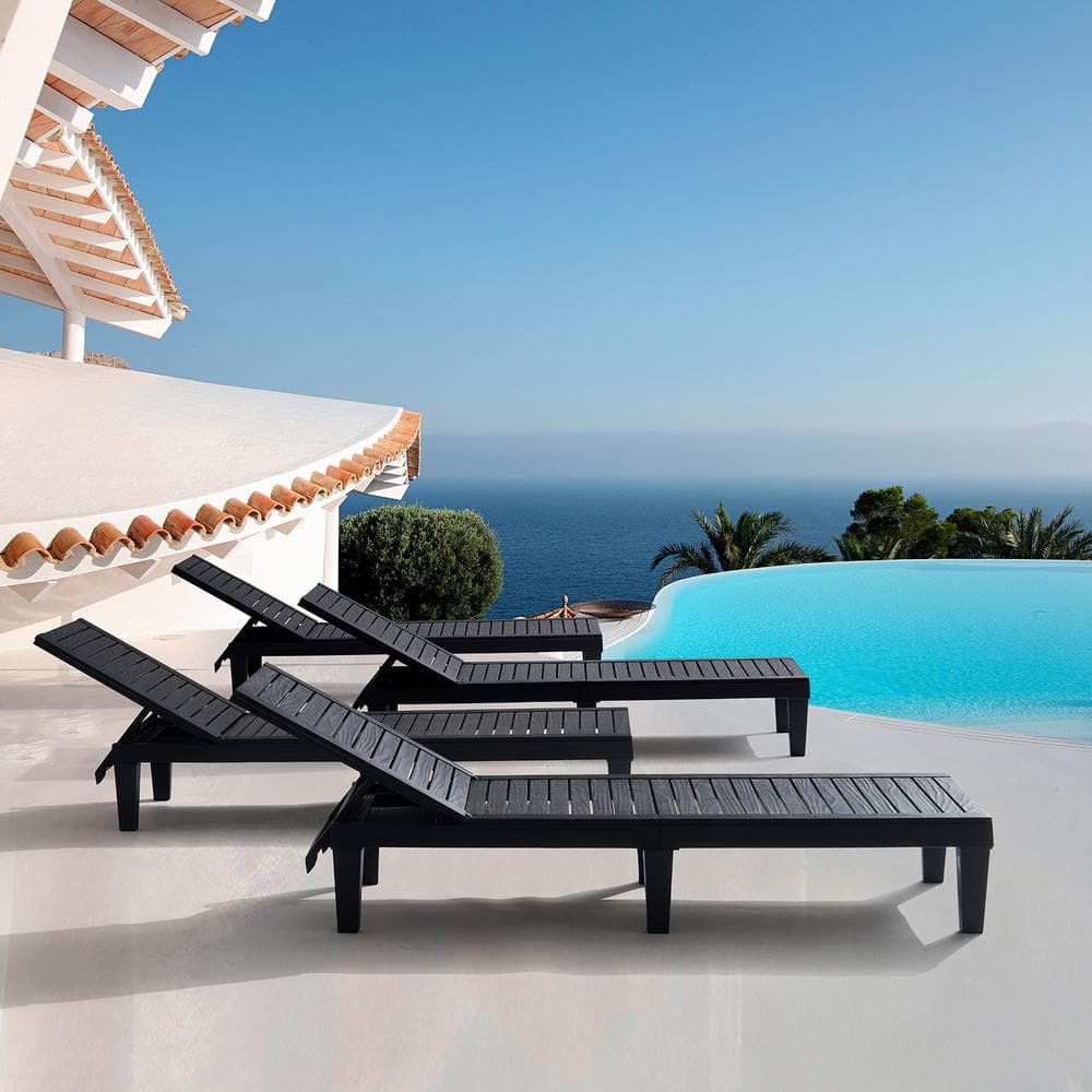 Black Adjustable Polypropylene Outdoor Chaise Lounge Set of 4