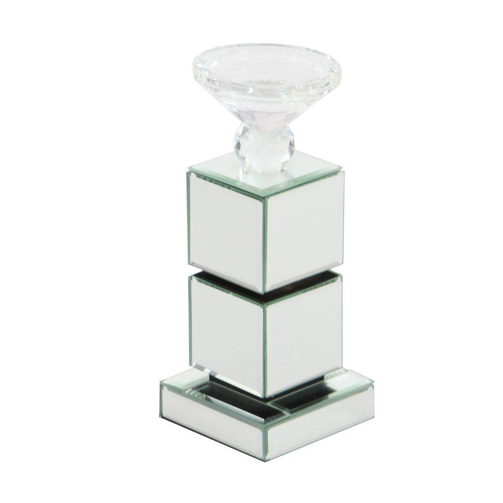 Silver Mirrored Glass and Wood Pillar Candle Holder