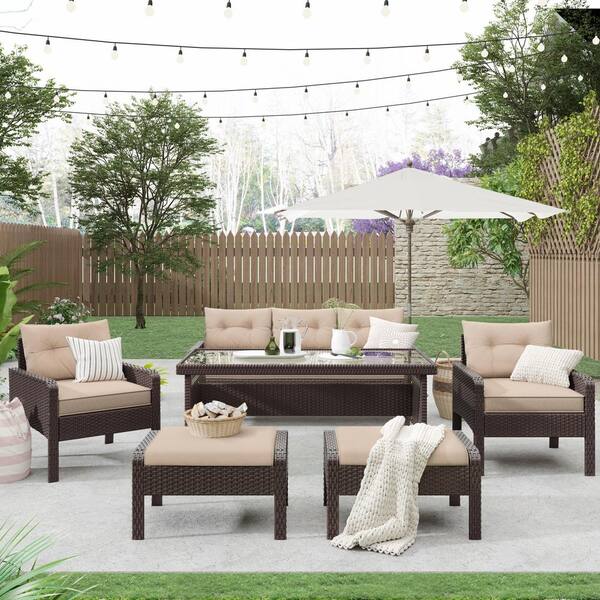 ToolCat Brown 6-Piece PE Wicker Rattan Patio Conversation Set with Coffee Cushions and Tempered Glass Tea Table for Backyard