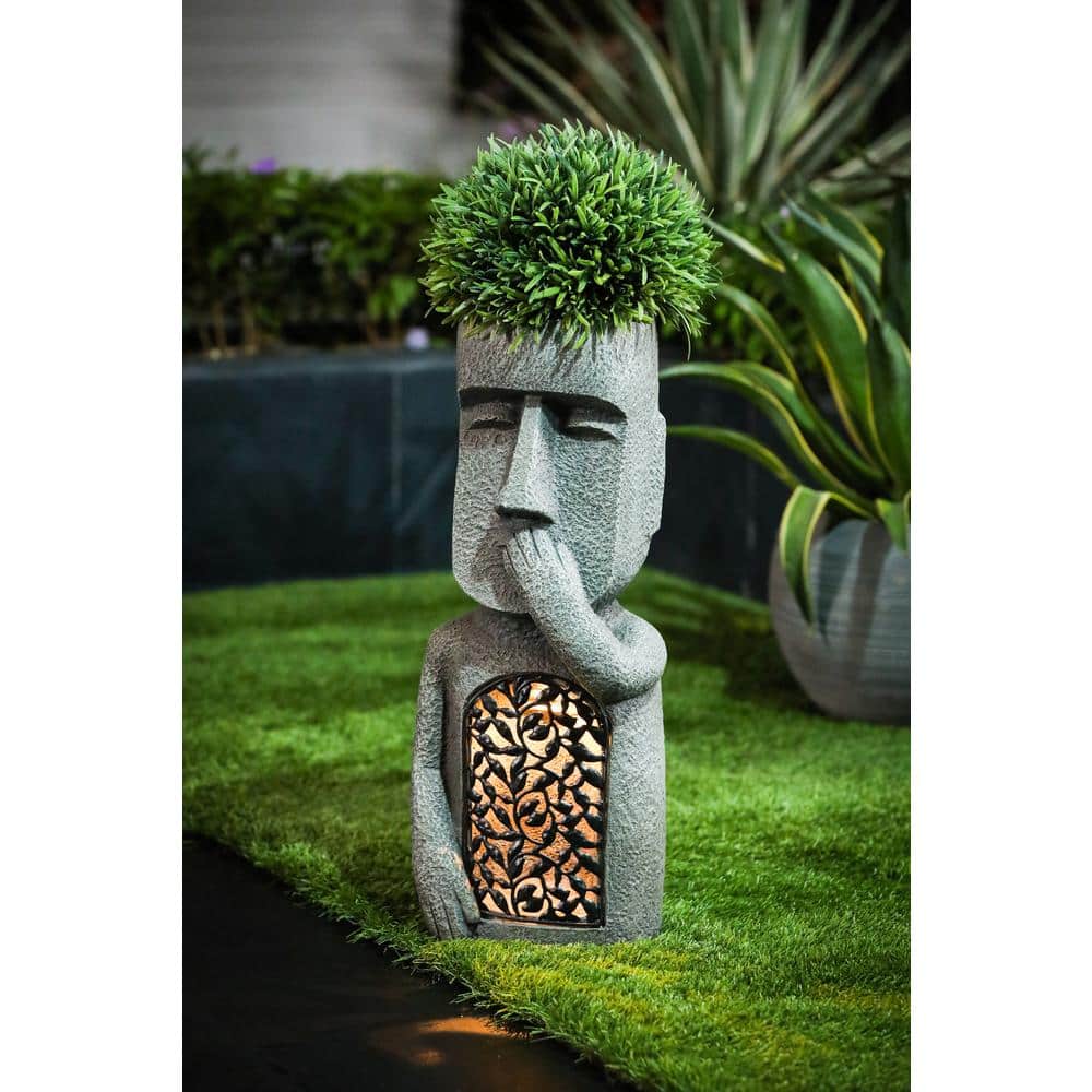 Gray Easter Island Solar Garden Statues with Planters, Set of 3