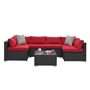 7-Piece Dark Gray PE Rattan Wicker Outdoor Patio Conversation Sectional Sofa with Red Cushions and Coffee Table