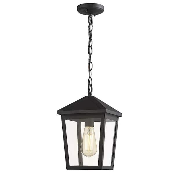 JAZAVA 16 in. 60-Watt 1-Light Black Finish Shaded Lantern Pendant Light Adjustable height with Glass Shade, No Bulbs Included