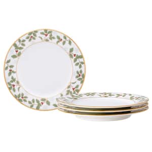 Holly and Berry Gold 6.25 in. (White) Porcelain Bread and Butter Plates, (Set of 4)