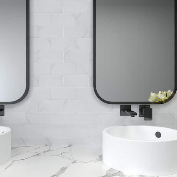 Subway 3 in. x 5.9 in. Vinyl Peel and Stick Backsplash, Glossy White Marble Decorative Wall Tile (12 sq. ft./Case)