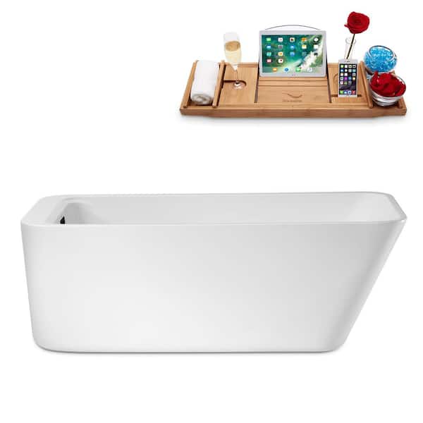 Streamline 63 in. Acrylic Flatbottom Non-Whirlpool Bathtub in Glossy White with Matte Black Drain and Overflow Cover