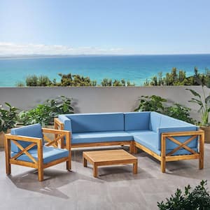 Brava Teak Brown 5-Piece Wood Patio Conversation Sectional Seating Set with Blue Cushions