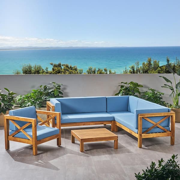 Noble House Brava Teak Brown 5-Piece Wood Patio Conversation Sectional Seating Set with Blue Cushions