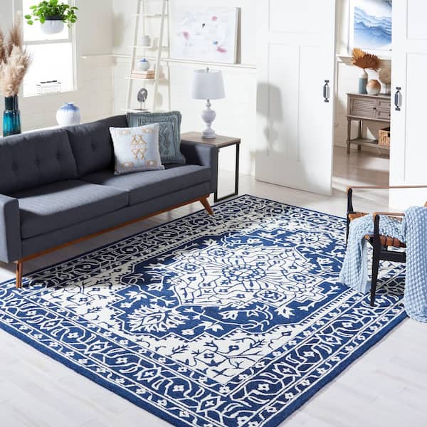 Micro-Loop Navy/Ivory 8 ft. x 10 ft. Medallion Oriental Area Rug
