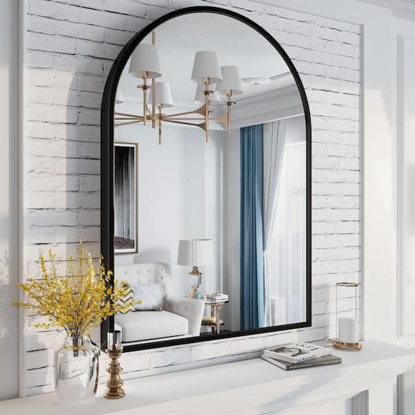 42 in. W x 30 in. H Arched Aluminum Alloy Framed French Cleat Mounted Wall Decor Bathroom Vanity Mirror in Matte Black