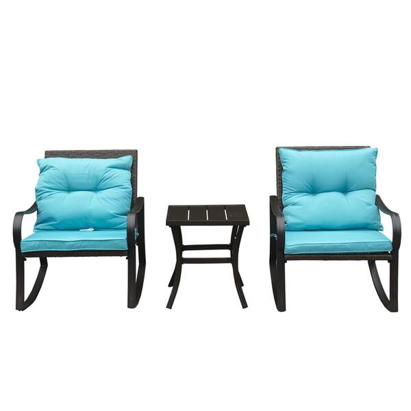 3-Piece Metal Outdoor Bistro Set, Rocking Chair with Blue Cushions