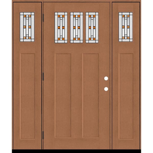 Steves & Sons Regency 64 in. x 80 in. 3Lite Amberton Deco Glass RHOS AutumnWheat Stain Fir Fiberglass Prehung Front Door w/Dbl 12in.SL