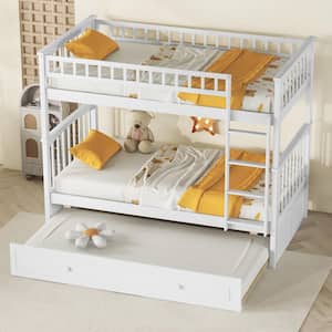 Detachable Style White Twin over Twin Wood Bunk Bed with Twin Size Trundle, Convertible Beds