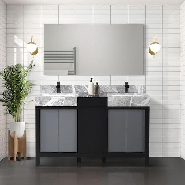 Lexora Zilara 55 in x 22 in D Black and Grey Double Bath Vanity, Castle Grey Marble Top and Matte Black Faucet Set