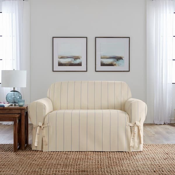 Sure-Fit Heavyweight Natural with Blue Stripe Cotton Duck Loveseat Slipcover