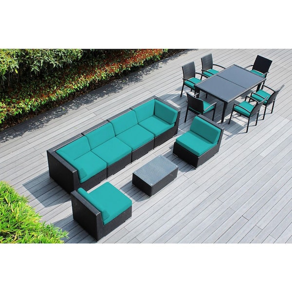 Ohana Depot Ohana Black 14-Piece Wicker Patio Conversation Set with Stackable Dining Chairs and Supercrylic Turquoise Cushions