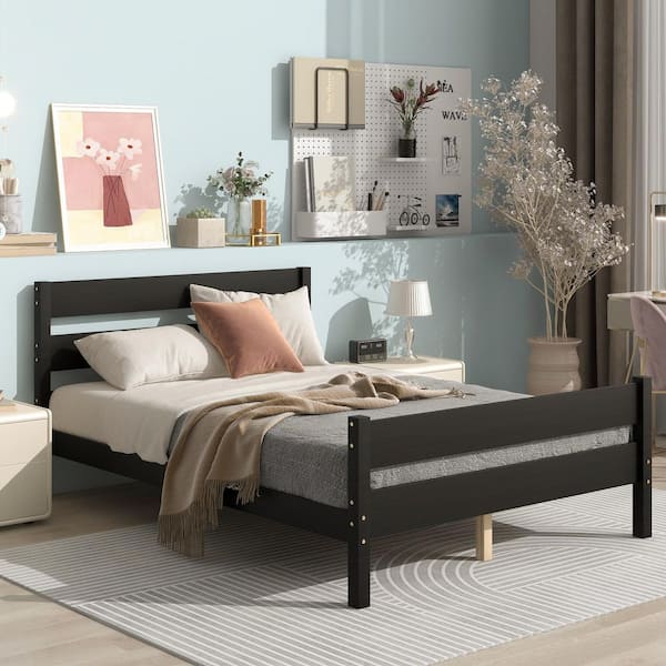 URTR Modern Brown Full Size Platform Bed with Headboard and Footboard, Wooden Platform Bed for Kids, No Box Spring Needed