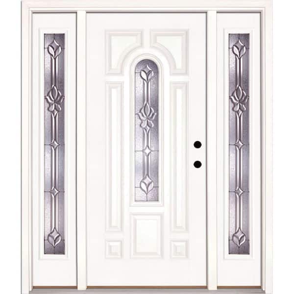 Feather River Doors 59.5 in.x81.625 in. Medina Zinc Center Arch Lite Unfinished Smooth Left-Hand Fiberglass Prehung Front Door w/Sidelites