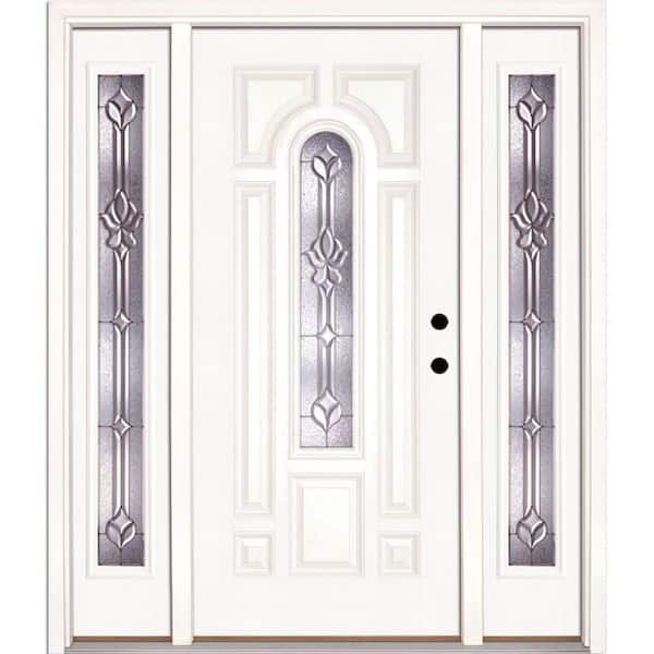 Feather River Doors 63.5 in.x81.625 in. Medina Zinc Center Arch Lite Unfinished Smooth Left-Hand Fiberglass Prehung Front Door w/Sidelites
