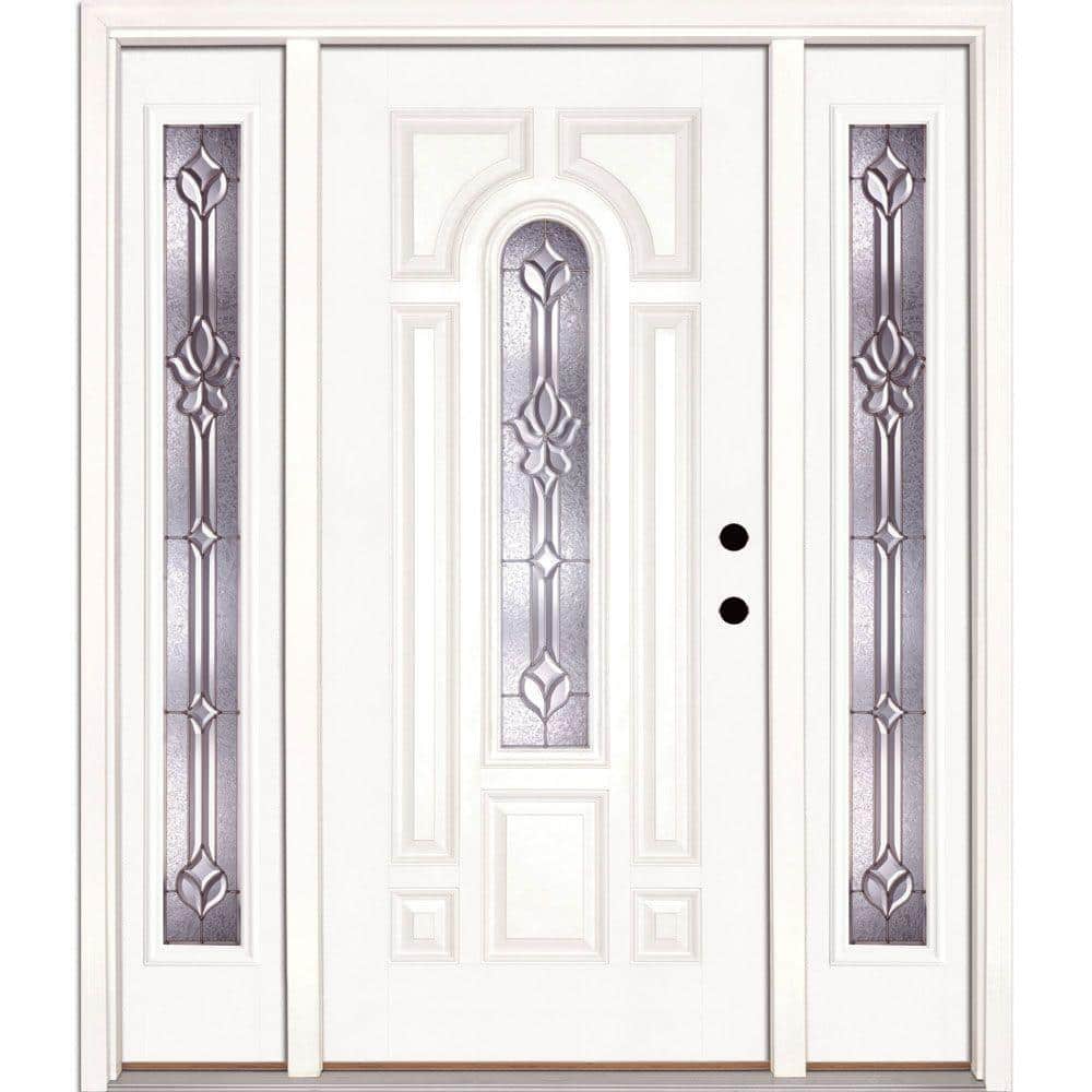Feather River Doors 67.5 in.x81.625 in. Medina Zinc Center Arch Lite Unfinished Smooth Left-Hand Fiberglass Prehung Front Door w/Sidelites, Smooth White: Ready to Paint -  332190-3B4