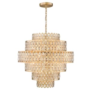 Dealey 17-Light Heirloom Brass Crystal Pendant Light with Steel and Crystal Shade with No Bulbs Included