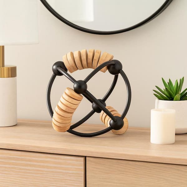 Liv & Skye 6 in. x 6 in. Brown/Black Modern Metal and Mango Wood Abacus Orb with Interlocking Iron Rings