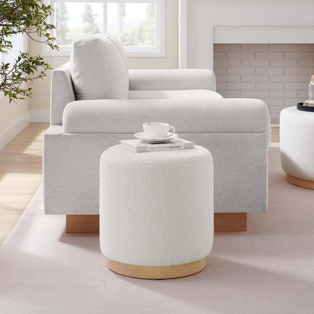 Ivory Sherpa Upholstered Round Ottoman with Rubberwood Base
