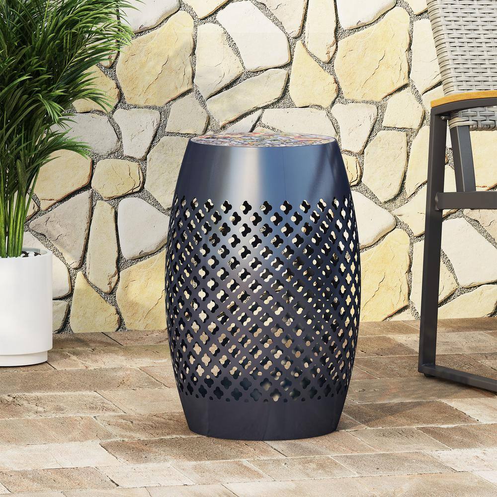 Kalyse Dark Blue Drum Outdoor Side Table with Multicolored Tile Mosaic Top