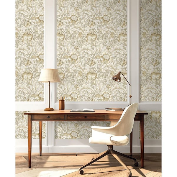 31.35 sq. ft. Latte Acanthus Garden Floral Vinyl Peel and Stick Wallpaper Roll