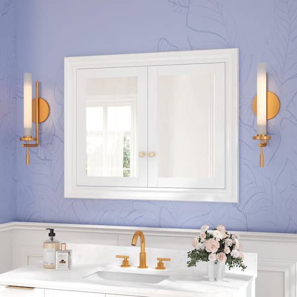 40 in. W x 32 in. H Rectangular Solid Wood Recessed Medicine Cabinet with Mirror in White, 2 Soft Close Door,Assembled