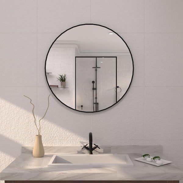 tydex 32 in. W x 32 in. H Round Framed Wall Bathroom Vanity Mirror in Matte Black