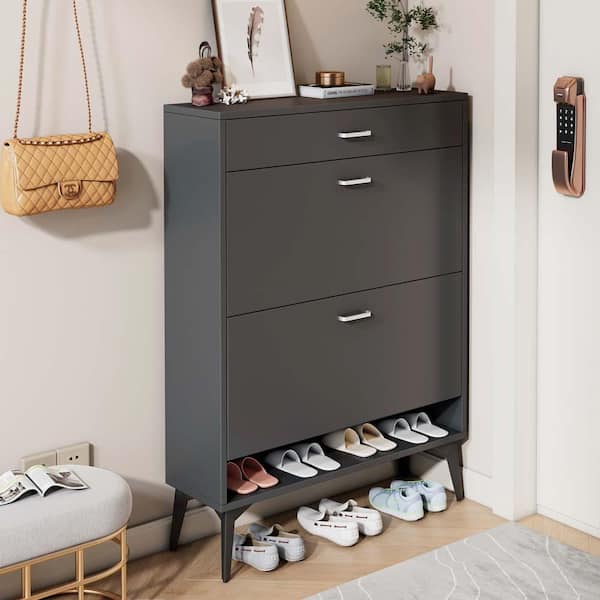 22.4 Shoe Storage Cabinet with 3 Flip Drawers Wood/ Grey by