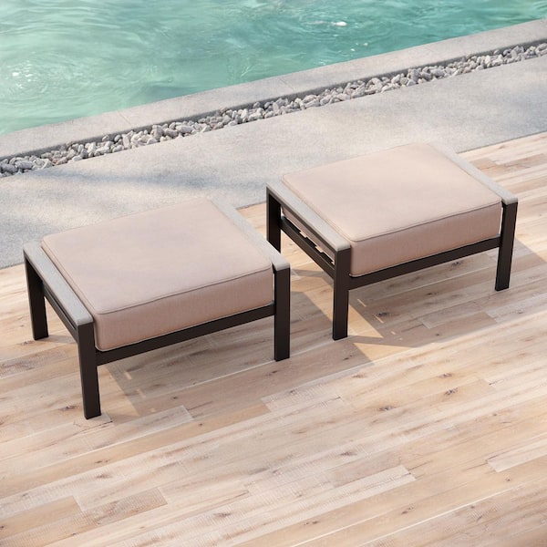Sonkuki Gray Wicker Outdoor Ottoman with CushionGuard Sand Solution-Dyed Fabric Cushion (2-Pack)