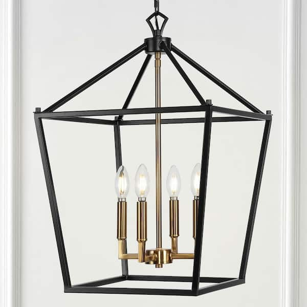 JONATHAN Y Pagoda 16 in. 4-Bulb Oil Rubbed Bronze/Brass Gold Lantern Metal LED Pendant