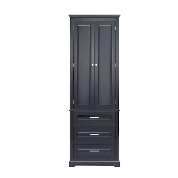 JimsMaison 24 in. W x 15.7 in. D x 70 in. H Black Linen Cabinet with Adjustable Shelf and Drawers
