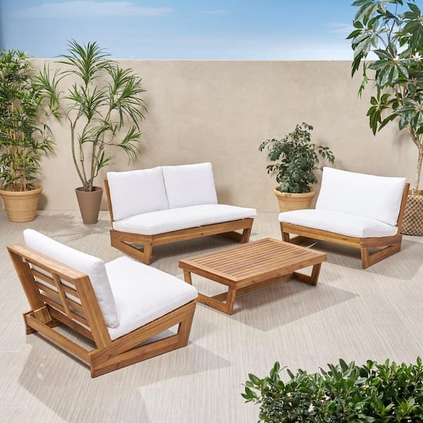 Noble House Sherwood Teak Brown 4-Piece Wood Outdoor Patio Conversation Set with White Cushions