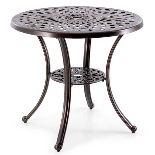 31 in. Bronze Frame Round Cast Aluminum Outdoor Bistro Table with Umbrella Hole
