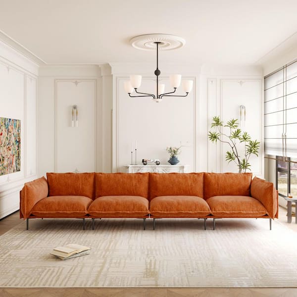 Robot Vacuum Friendly 111 in. 4-Seater Tapered Arm Velvet Modular Sectional Sofa Couch with Metal High Leg in Orange