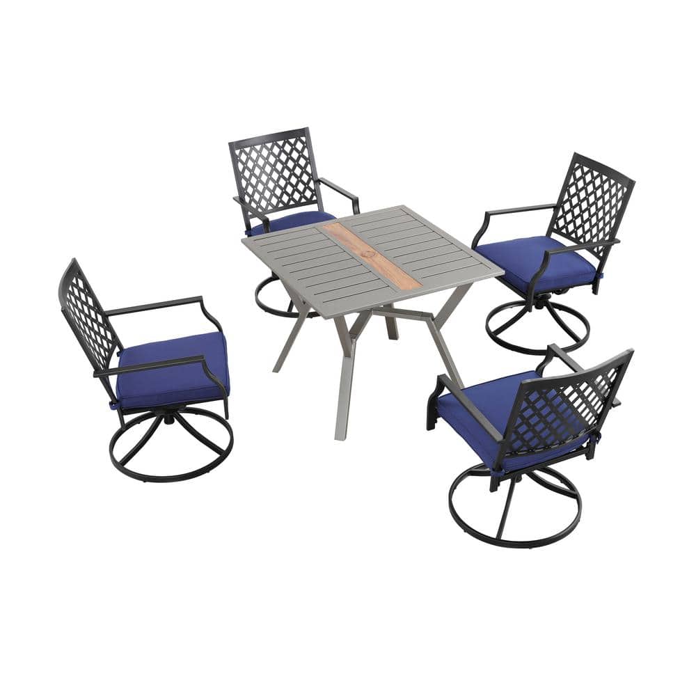 5-Piece Metal Outdoor Dining Set with Gray Slatted Table and Swivel Armchairs with Blue Cushions price history on PriceWatchPro