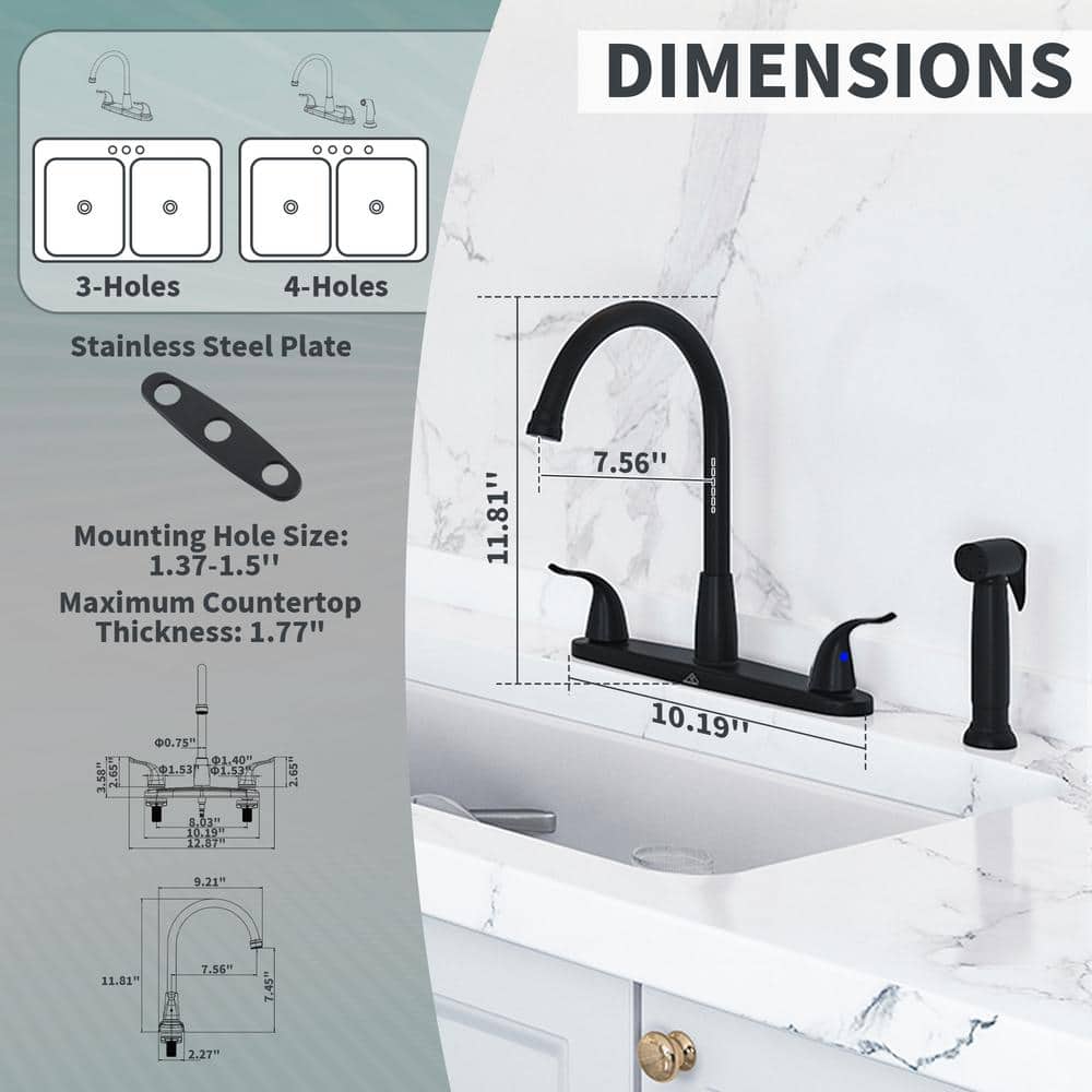 Matte Black Stainless Steel Double Handle Kitchen Faucet with Side Sprayer