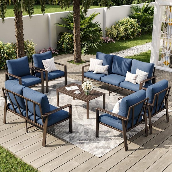 7-Piece Metal Patio Conversation Set with Blue Cushions