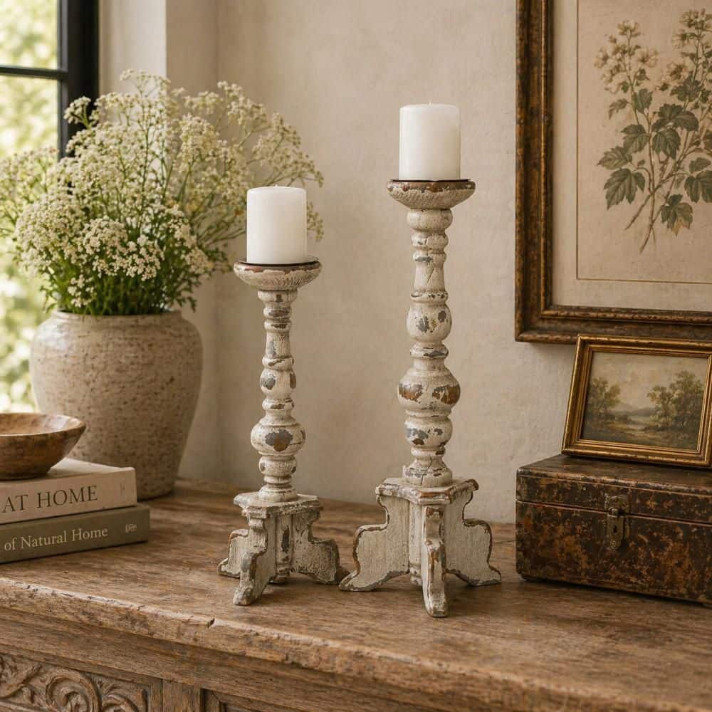 Litton Lane White Wood Tall Candle Holder with Distressed Accents (Set of 2) 20408