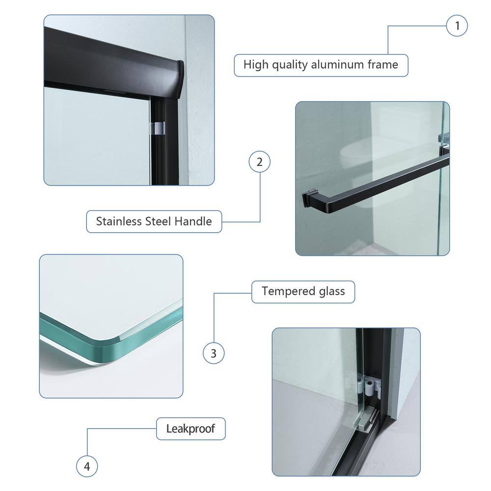 48" Matte Black Semi Frameless Sliding Shower Door