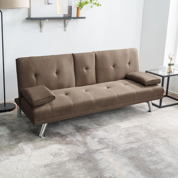 MAYKOOSH 65.75 in. Square Arm Linen Rectangle Convertible Sofa in Mocha