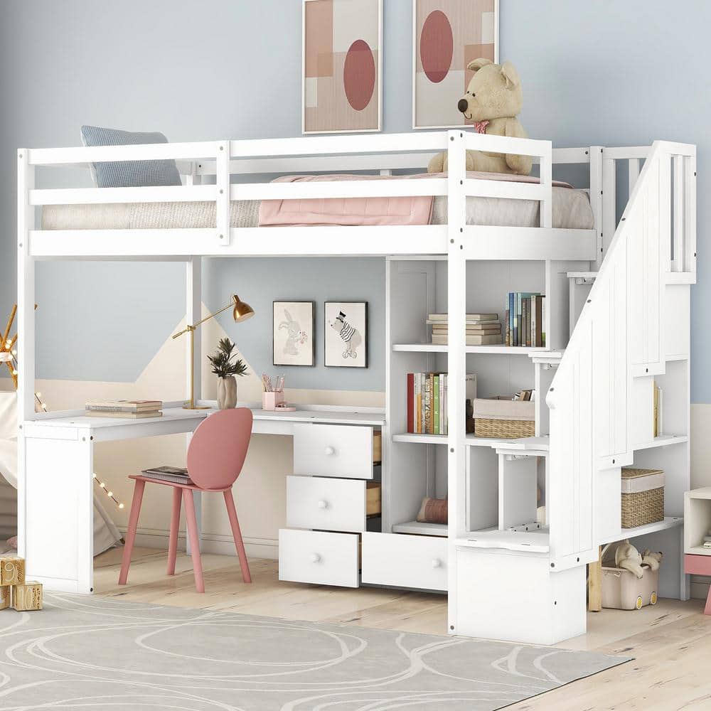 Polibi Twin Size Loft Bed with L-Shaped Desk and Drawers, Cabinet
