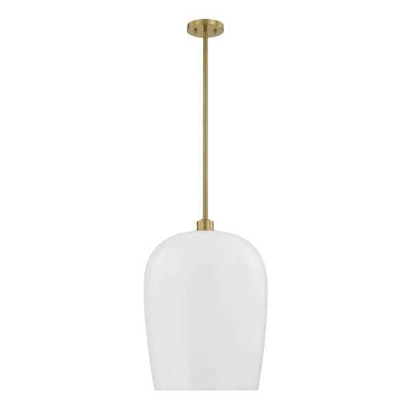 Livingston 16 in. W x 22.88 in. H 1-Light Warm Brass Pendant Light with White Opal Glass Shade