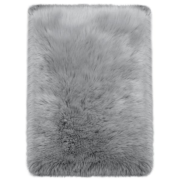 Grey 4 ft. x 6 ft. Sheepskin Faux Furry Cozy Area Rug