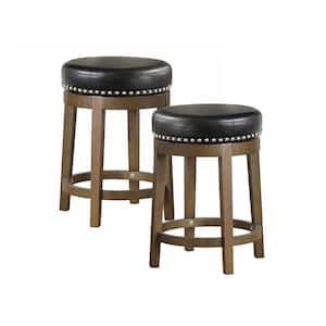 Paran 25 in. Brown Wood Round Swivel Counter Height Stool with Black Faux Leather Seat (Set of 2)
