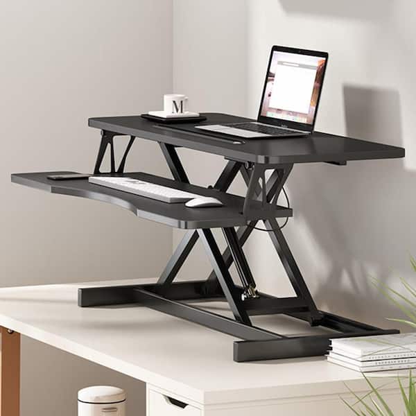 32 in. Black Adjustable Sit to Stand Desk Converter with Wide Keyboard Tray and Dual Monitor Workstation