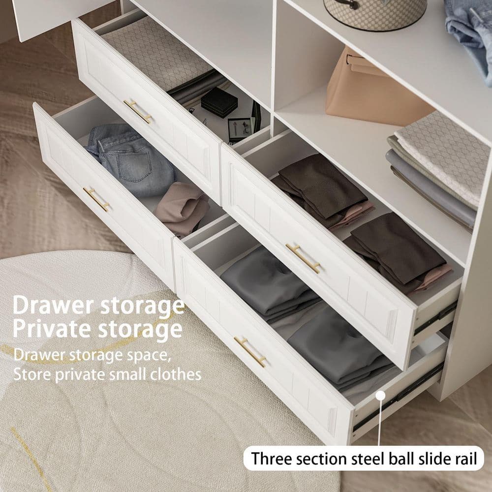 White 8-Door Big Wardrobe Armoires with Hanging Rod, 4-Drawers, Storage Shelves 93.9 in. H x 63 in. W x 20.6 in. D - thumbnail 8