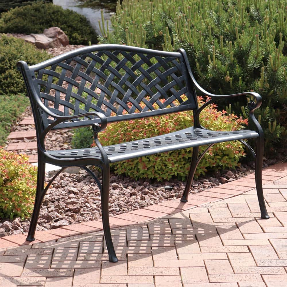 Sunnydaze Black Cast Aluminum Double Seating Lawson Bench